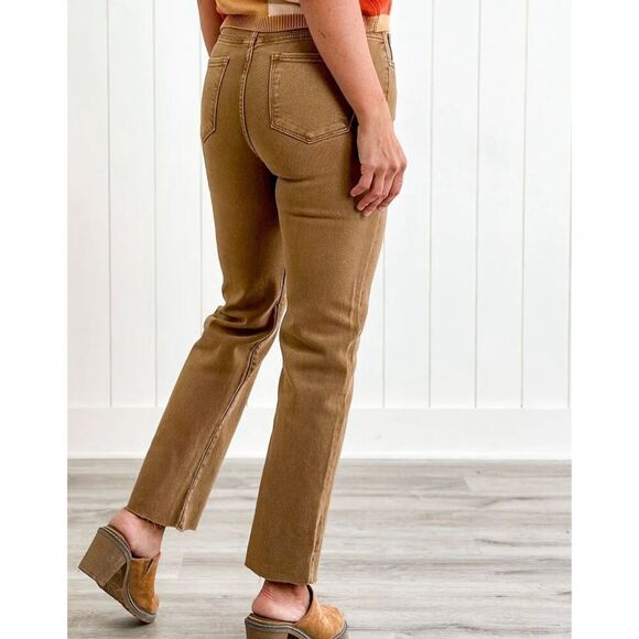 Risen Women’s High Rise Cocoa Raw Hem With Slit Slide Straight Leg Jeans Size 5/ - Picture 3 of 8